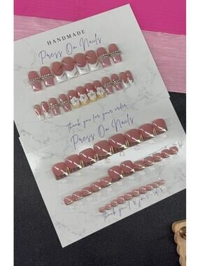 Medium square Press on nails with toe nails silver chrome acrylic flowers 3d gel